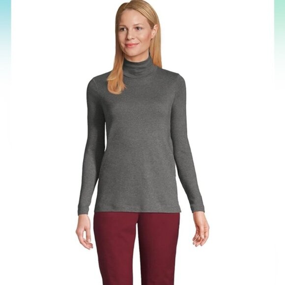 Lands' End Women's Supima Cotton Turtleneck Heather Grey Roll Neck Shirt - Picture 1 of 6